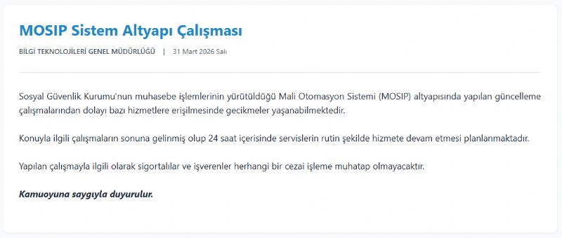 SGK Sistemi Altyapı Çalışması Duyurusu