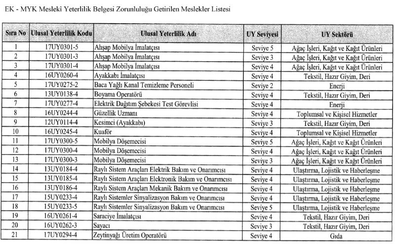 Meslekî Yeterlilik Belgesi Zorunluluğu Getirilen Meslekler Listesi Güncellendi